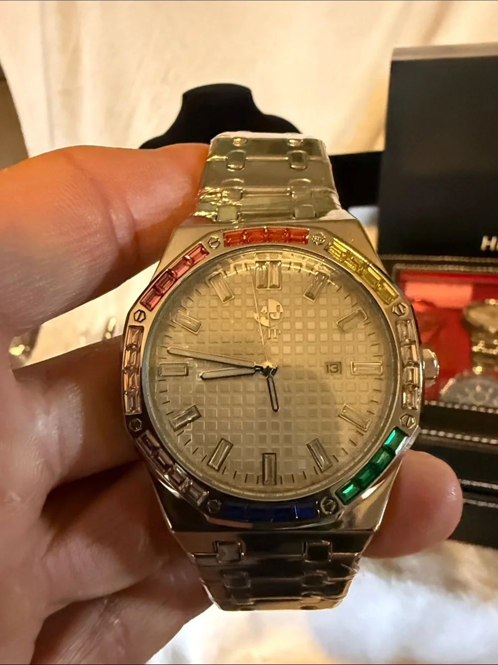 Men's Silver Stainless Steel Watch with Multicolor Bezel